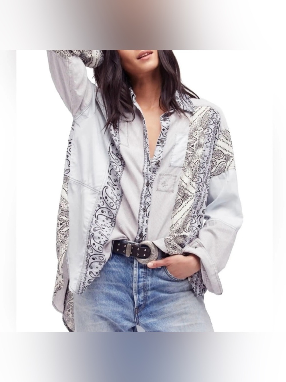 Free People All Patched Up Chambray Button Down‎ Shirt Women's Size Medium